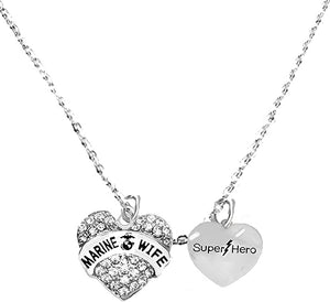 Marine Wife, She Is A, Super Hero, STERLING SILVER Solid .925 Sterling, Not Plated Or Coated.18 Inch Necklace.Charm Nickel, Lead, Cadmium Free