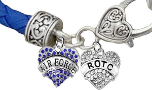ROTC, Air Force Crystal Heart, Genuine Air Force Blue Leather Bracelet, Hypoallergenic Safe-Nickel, Lead And Cadmium Free