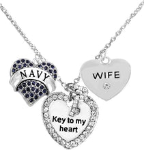 Navy Wife, Key to My Heart, Crystal Wife Heart Charm Necklace, Hypoallergenic, Safe-Nickel, Lead, Free
