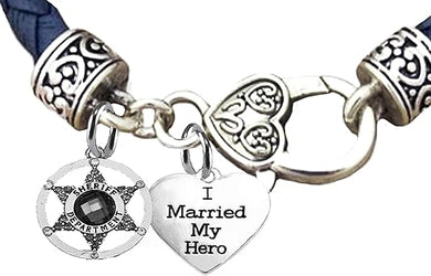 Deputy Sheriff's, I Married My Hero, On A Genuine Navy Blue Leather Bracelet, Hypoallergenic Safe-Nickel, Lead and Cadmium Free