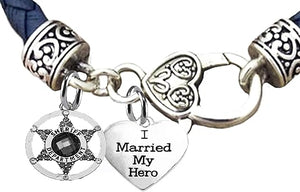 Deputy Sheriff's, I Married My Hero, On A Genuine Navy Blue Leather Bracelet, Hypoallergenic Safe-Nickel, Lead and Cadmium Free