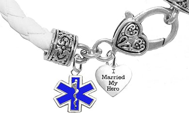 EMT, Parmedic, EMT Firefighter's I Married My Hero, On A Genuine White Leather Bracelet, Hypoallergenic Safe-Nickel, Lead And Cadmium Free