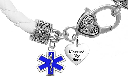 EMT, Parmedic, EMT Firefighter's I Married My Hero, On A Genuine White Leather Bracelet, Hypoallergenic Safe-Nickel, Lead And Cadmium Free