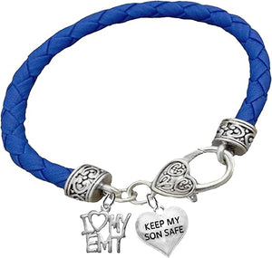 I Love My EMT, Keep My Son Safe Heart, On A Blue Leather Hypoallergenic Bracelet, Nickel, Lead, And Poisonous Cadmium Free