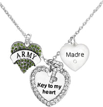 Army Madre, Genuine Crystal Key to My Heart & Crystal Madre Heart, Adjustable Hypoallergenic, Safe-Nickel, Lead, Cadmium Free
