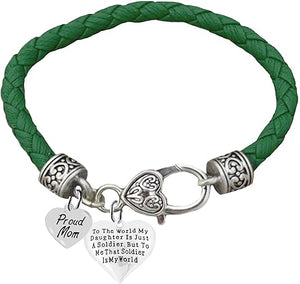 Army Mom, Proud Mom Heart, To The World My Daughter Is Just A Soldier,But To Me That Soldier Is My World, Genuine Green Leather Bracelet, Hypoallergenic Safe, No Nickel, Lead, Or Poisonous Cadmium