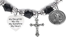 Saint Benedict Protective Charm, My Daughter, My Joy, My Sunshine, My Heart, and Prayer, Protect Me from Harm, from Evil, Hypoallergenic Black Crystal Bracelet, Nickel, Lead, Cadmium Free