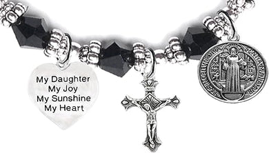 Saint Benedict Protective Charm, My Daughter, My Joy, My Sunshine, My Heart, and Prayer, Protect Me from Harm, from Evil, Hypoallergenic Black Crystal Bracelet, Nickel, Lead, Cadmium Free