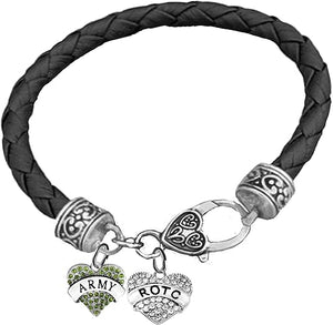 ROTC, Army Crystal Heart, Genuine Army Black Leather Bracelet, Hypoallergenic Safe-Nickel, Lead And Cadmium Free