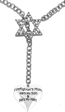 Jewish Firefighter Mom, He's My Son and He's My Hero, Heart, Through A Crystal Star of David, Rolo Chain Necklace Hypoallergenic, Safe-Nickel, Lead, and Cadmium Free