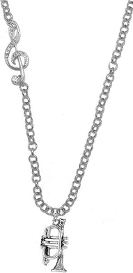 Trumpet, Genuine Crystal Treble Clef Jewelry, Rolo Chain Adjustable Necklace, Hypoallergenic, Safe-Nickel, Lead, and Cadmium Free