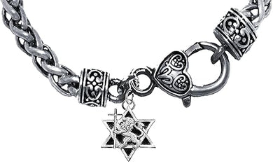 Messianic,Yeshua,Silvertonetone Lion Of Judah,Holding Cross In Silvertone Star, Of David On A Antique Wheat Chain Bracelet, What A Great Gift For Yourself, A Friend, Or Family Member. Hypoallergenic.