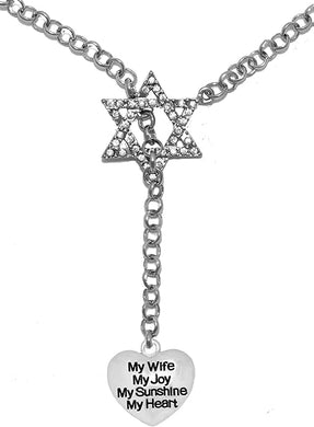 Jewish My Wife, My Joy, My Sunshine, My Heart, On A Heart, Through A Crystal Star Of David, Necklace Hypoallergenic, Safe-Nickel, Lead, And Cadmium Free