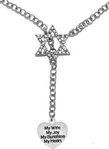 Jewish My Wife, My Joy, My Sunshine, My Heart, On A Heart, Through A Crystal Star Of David, Necklace Hypoallergenic, Safe-Nickel, Lead, And Cadmium Free