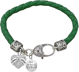 Army Mom, God Has You in His Arms, and I Have You in My Heart, On A Genuine Green Leather Bracelet, Hypoallergenic Safe, No Nickel, Lead, Or Poisonous Cadmium in Bracelet