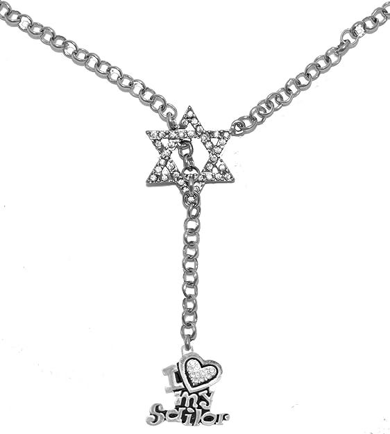 Jewish Navy, I Love My Sailor Crystal Heart Through A Crystal Star Of David, Rolo Chain Necklace Hypoallergenic, Safe-Nickel, Lead, And Cadmium Free