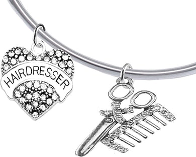 Hair Dresser Crystal Heart, Comb & Scissors Bracelet, Hypoallergenic Safe-Nickel Free, No Poisonous Lead, or Cadmium
