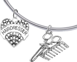 Hair Dresser Crystal Heart, Comb & Scissors Bracelet, Hypoallergenic Safe-Nickel Free, No Poisonous Lead, or Cadmium