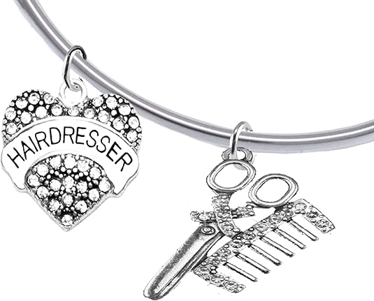 Hair Dresser Crystal Heart, Comb & Scissors Bracelet, Hypoallergenic Safe-Nickel Free, No Poisonous Lead, or Cadmium
