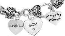 Mom, Super Hero,Crystal Mom Heart, Amazing Woman Bracelet Hypoallergenic Safe- No Nickel. Lead, Or Poisonous Cadmium.