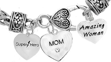 Mom, Super Hero,Crystal Mom Heart, Amazing Woman Bracelet Hypoallergenic Safe- No Nickel. Lead, Or Poisonous Cadmium.