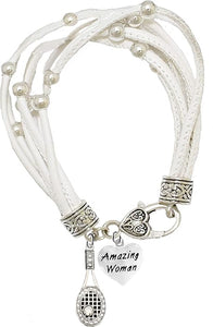 Tennis, Genuine Crystal, Amazing Woman Heart, Hypoallergenic White Leather Bracelet, Safe-Nickel, Lead, and Cadmium Free!