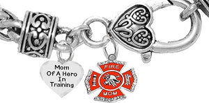 Firefighter, Mom Of A Hero In Training, Fire Department Charm, On A Antique Wheat Chain Bracelet, Hypoallergenic Safe-Nickel, Lead And Cadmium Free