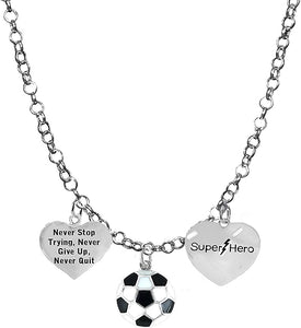 Soccer, Never Stop Trying, Never Give Up, Super Hero, " Soccer Player Jewelry" Adjustable Necklace Hypoallergenic, Safe-Nickel, Lead Free