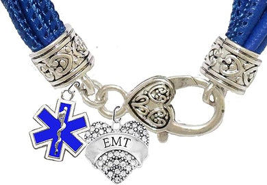 EMT, Genuine Crystal Heart, EMT Symbol, On A Blue Leather Hypoallergenic Bracelet, Nickel, Lead, And Poisonous Cadmium Free