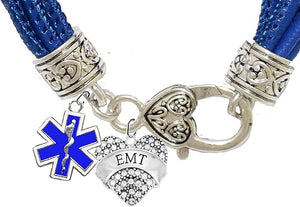EMT, Genuine Crystal Heart, EMT Symbol, On A Blue Leather Hypoallergenic Bracelet, Nickel, Lead, And Poisonous Cadmium Free