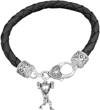 Weightlifters Barbell Lunge Pose On A Black Woven Leather Bracelet, Hypoallergenic - Nickel, Lead, And Poisonous Cadmium Free
