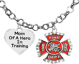 Firefighter, Mom Of A Hero In Training, Fire Department Charm, On A Adjustable Rolo Chain Necklace, Hypoallergenic Safe-Nickel, Lead And Cadmium Free