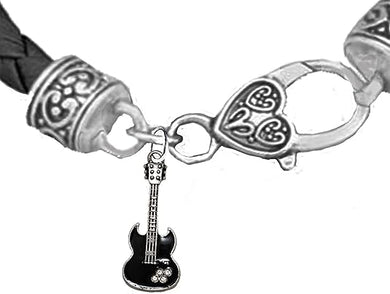 Black Guitar On Genuine Black Leather Bracelet, Hypoallergenic Safe-Nickel, Lead And Cadmium Free