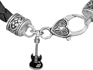 Black Guitar On Genuine Black Leather Bracelet, Hypoallergenic Safe-Nickel, Lead And Cadmium Free