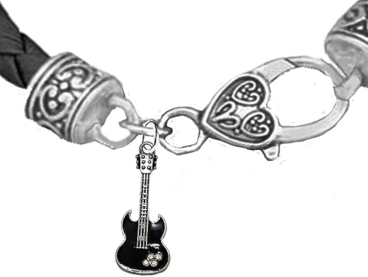 Black Guitar On Genuine Black Leather Bracelet, Hypoallergenic Safe-Nickel, Lead And Cadmium Free