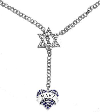 Jewish Navy Crystal Heart, Through A Crystal Star Of David, Rolo Chain Necklace Hypoallergenic, Safe-Nickel, Lead, And Cadmium Free