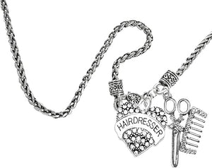 Hair Dresser Crystal Heart, Comb & Scissors Necklace, Hypoallergenic Safe-Nickel Free, No Poisonous Lead, or Cadmium