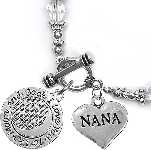 Nana, I Love You to The Moon and Back Clear Crystal Charm Bracelet, Hypoallergenic, Safe, Nickel, Lead & Cadmium Free.