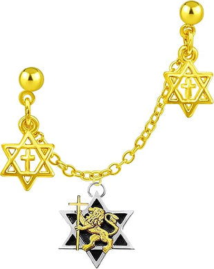 Messianic, Yeshua, Lion of Judah holding 14KT goldtone cross in a silvertone Star of David on double post chain earrings with stars and cross. A beautiful gift for yourself or someone special. Buy one for one ear or two for both. Hypoallergenic. Cardinali