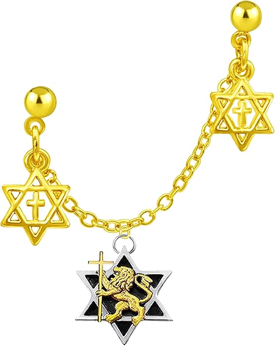 Messianic, Yeshua, Lion of Judah holding 14KT goldtone cross in a silvertone Star of David on double post chain earrings with stars and cross. A beautiful gift for yourself or someone special. Buy one for one ear or two for both. Hypoallergenic. Cardinali