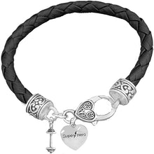 Weightlifters Barbell, Super Hero Heart On A Black Woven Leather Bracelet, Hypoallergenic - Nickel, Lead, And Poisonous Cadmium Free