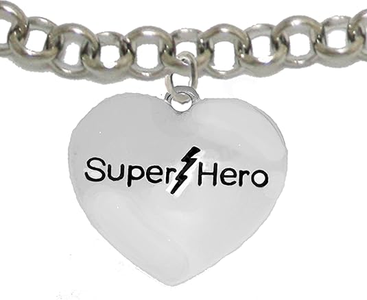 Super Hero Heart Charm On A Rolo Chain Adjustable Bracelet, Hypoallergenic Safe- No Nickel. Lead, Or Poisonous Cadmium