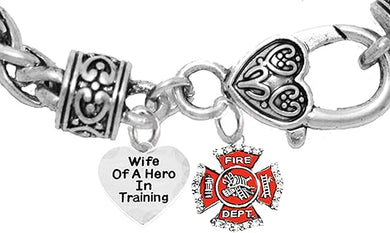 Firefighter, Wife Of A Hero In Training, Fire Department Charm, On A Antique Wheat Chain Bracelet, Hypoallergenic Safe-Nickel, Lead And Cadmium Free