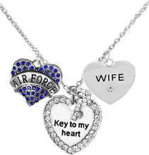 Air Force Wife, “Key to My Heart, Crystal Wife Heart Necklace, Hypoallergenic, Safe-Nickel, Lead Free
