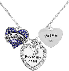 Air Force Wife, “Key to My Heart, Crystal Wife Heart Necklace, Hypoallergenic, Safe-Nickel, Lead Free