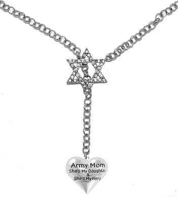 Jewish Army Mom, She's My Daughter And She's My Hero, Heart, Through A Crystal Star Of David, Rolo Chain Necklace Hypoallergenic, Safe-Nickel, Lead, And Cadmium Free