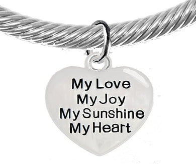 Message Bracelet, My Love, My Joy, My Sunshine, My Heart, Breathtaking Adjustable Silver Cable Cuff Bracelet, Hypoallergenic, Safe-Nickel, Lead, Cadmium Free
