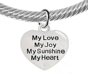 Message Bracelet, My Love, My Joy, My Sunshine, My Heart, Breathtaking Adjustable Silver Cable Cuff Bracelet, Hypoallergenic, Safe-Nickel, Lead, Cadmium Free