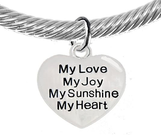Message Bracelet, My Love, My Joy, My Sunshine, My Heart, Breathtaking Adjustable Silver Cable Cuff Bracelet, Hypoallergenic, Safe-Nickel, Lead, Cadmium Free