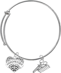 Hair Dresser Crystal Heart, Comb & Scissors Bracelet, Hypoallergenic Safe-Nickel Free, No Poisonous Lead, or Cadmium